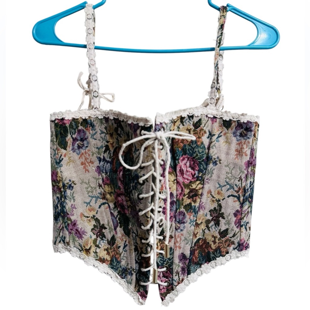 Lacemade Floral Tapestry Corset Top Lace Trim Lace Up Back Cami XS